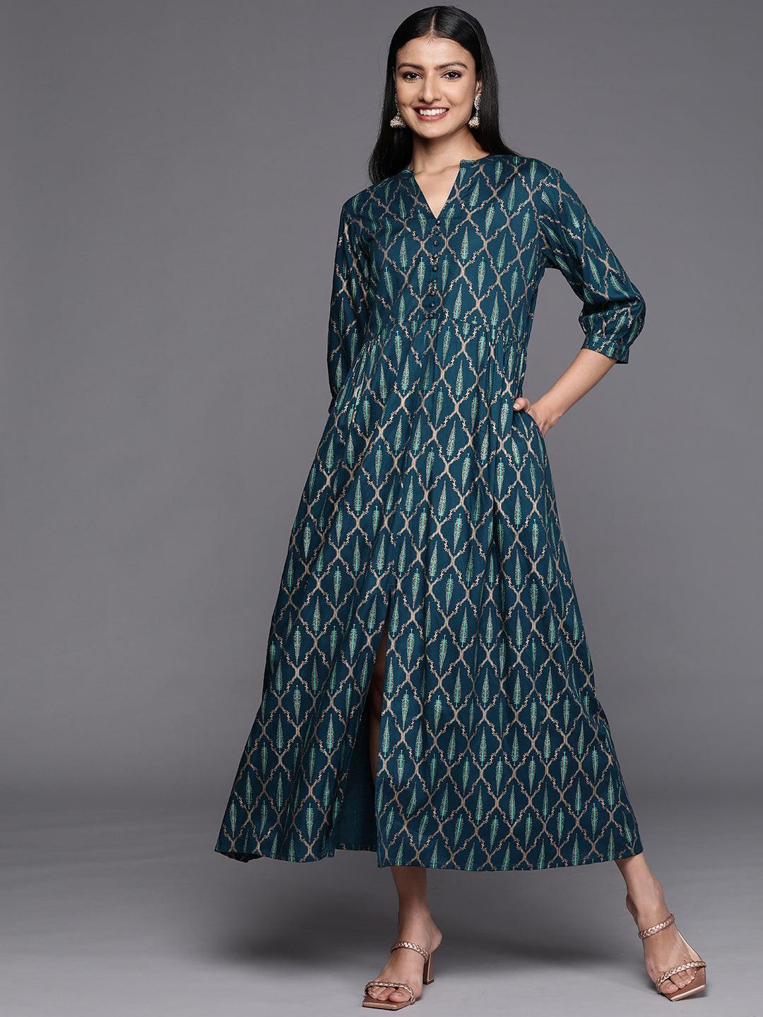 Blue Printed Rayon Fit and Flared Dress