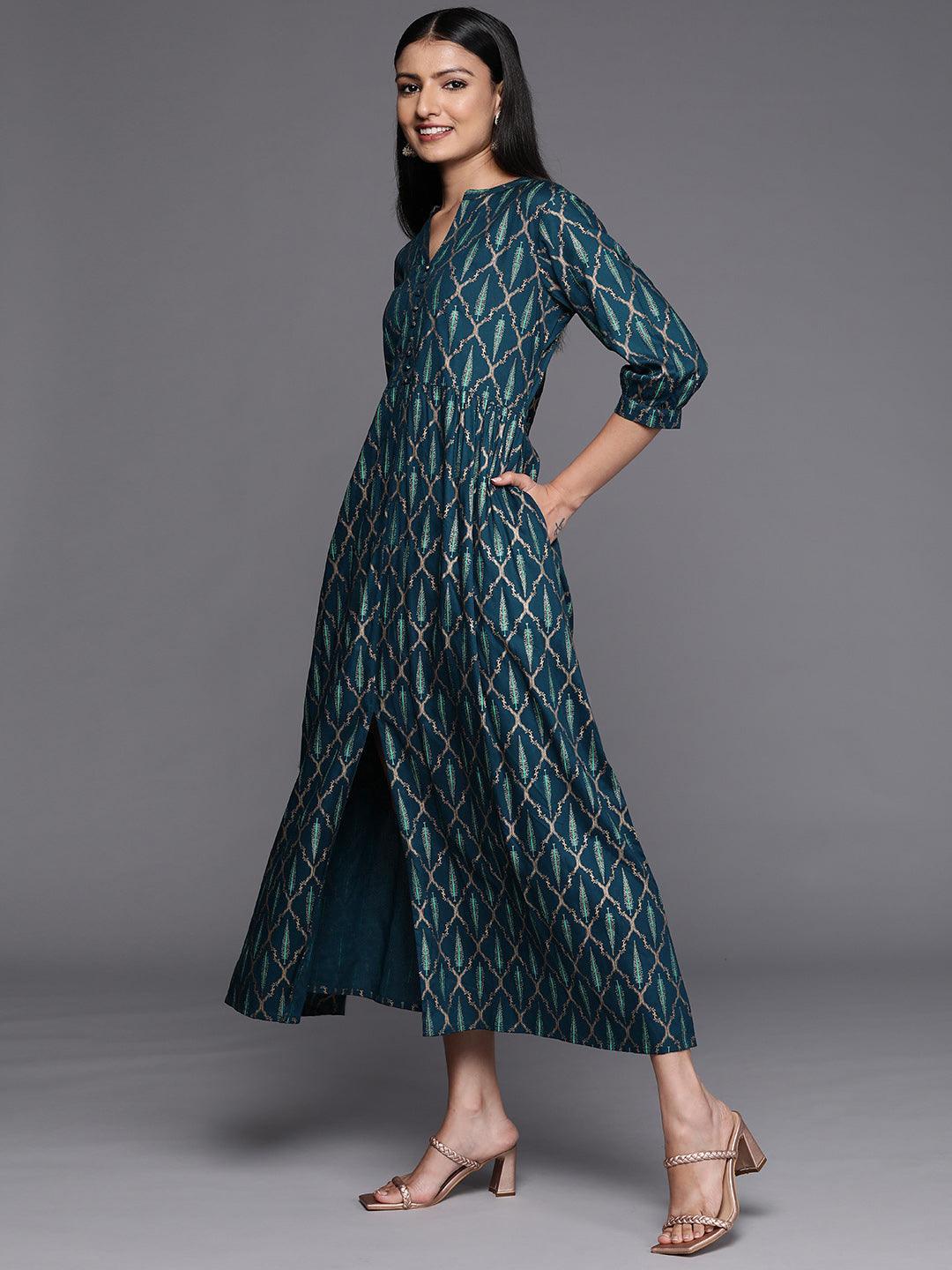 Blue Printed Rayon Fit and Flared Dress