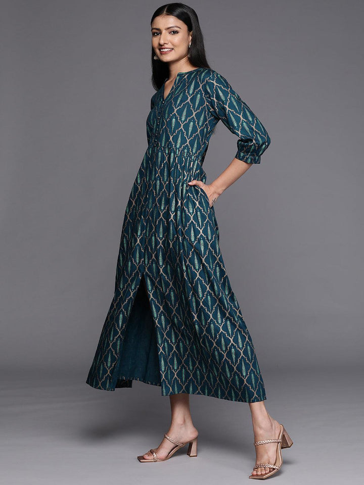 Blue Printed Rayon Fit and Flared Dress - Libas