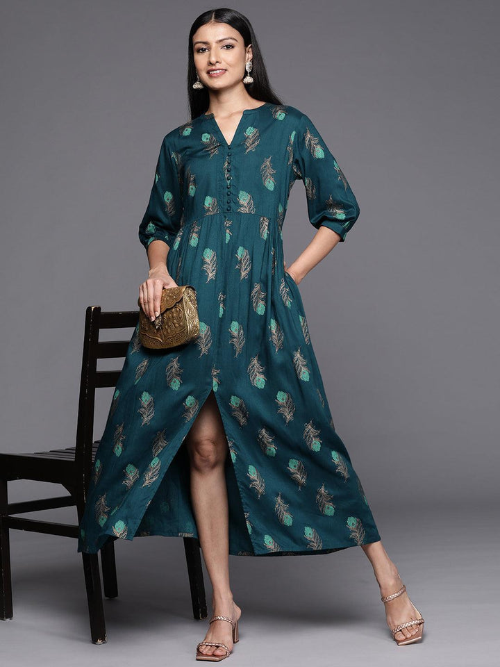 Blue Printed Rayon Fit and Flared Dress - Libas