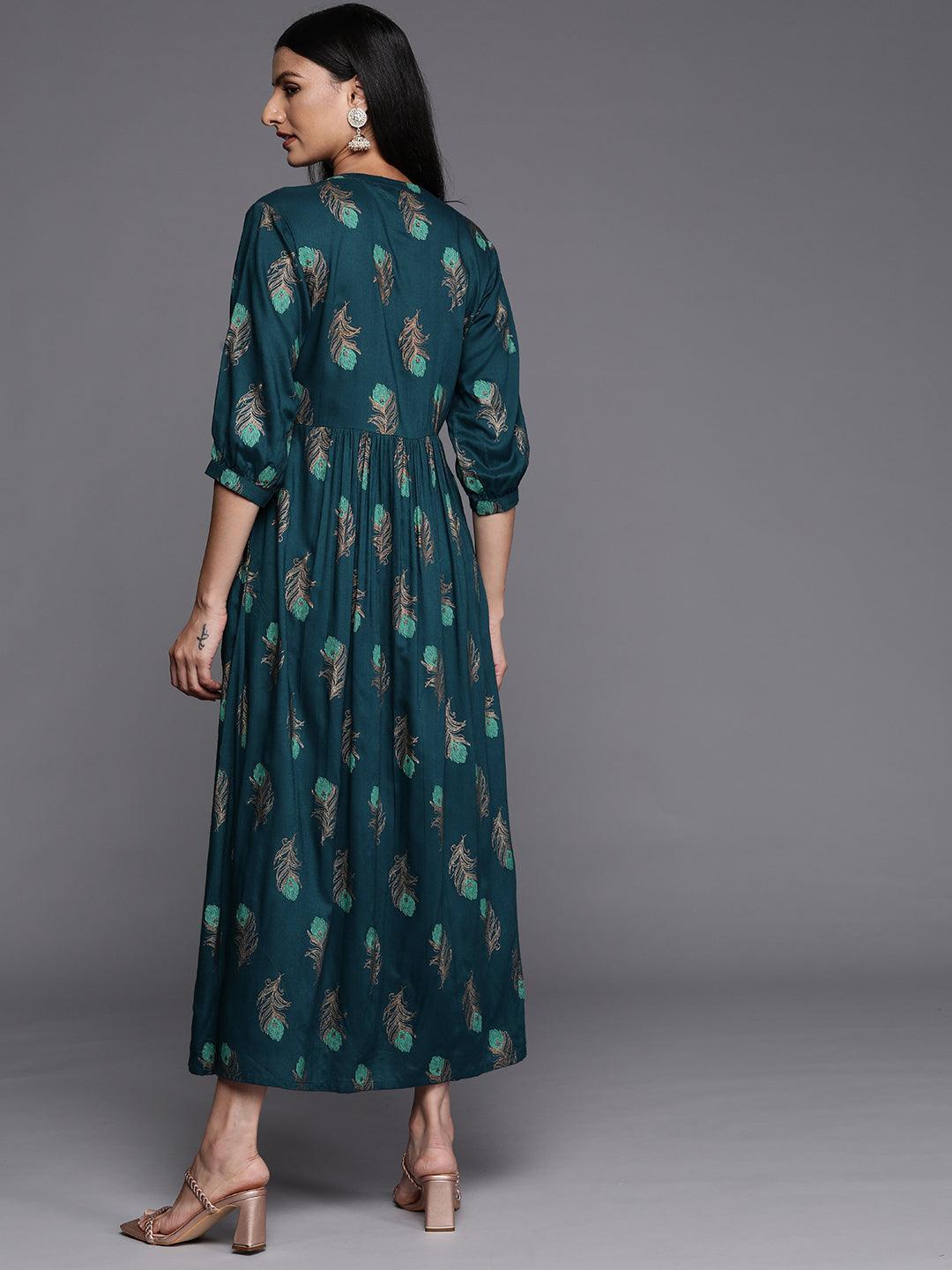 Blue Printed Rayon Fit and Flared Dress - Libas