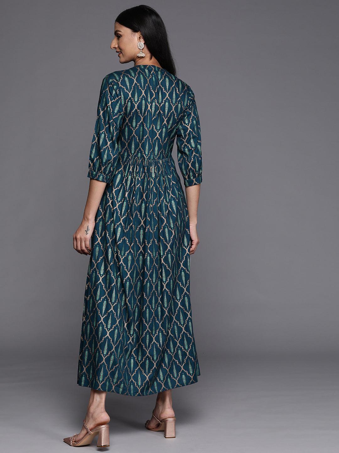 Blue Printed Rayon Fit and Flared Dress