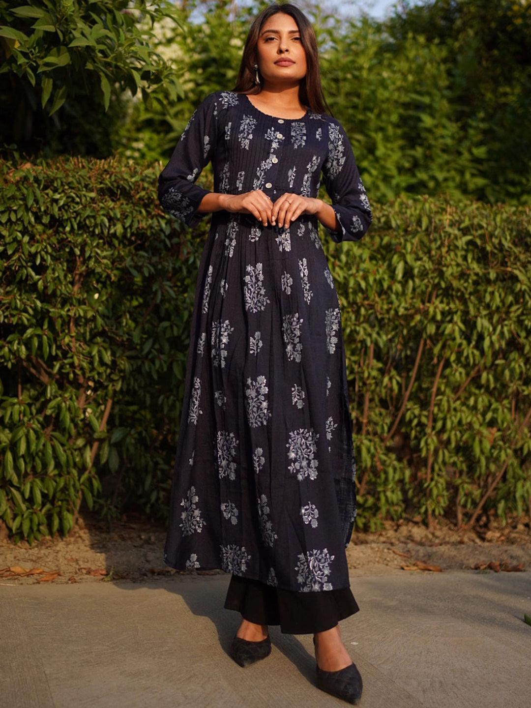 Blue Printed Rayon Kurta