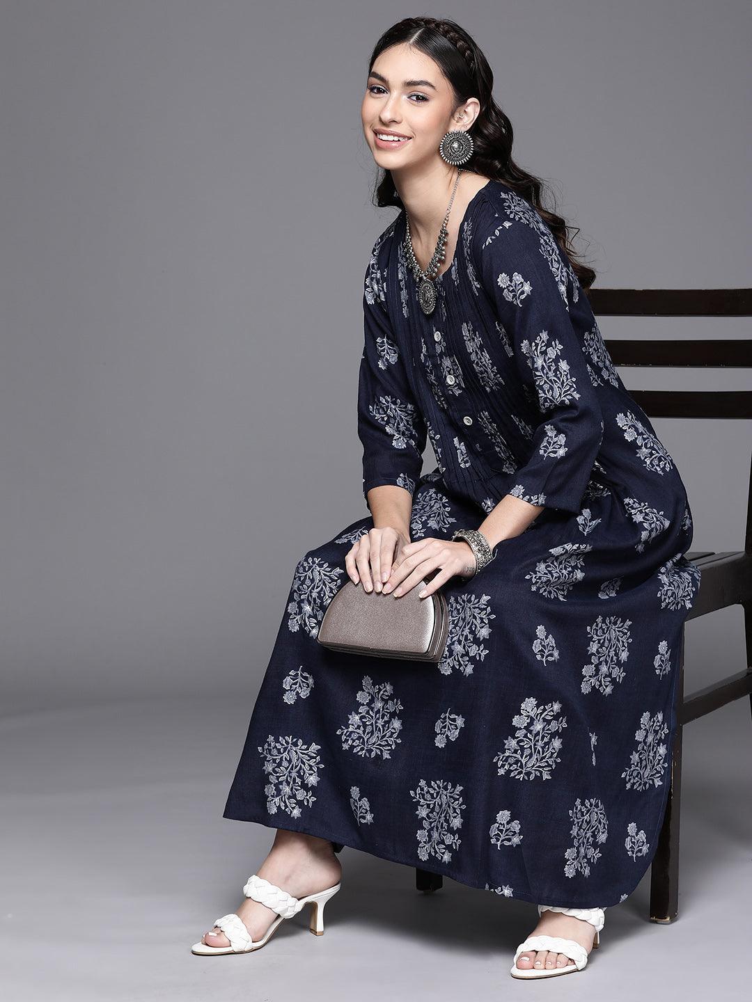 Blue Printed Rayon Kurta