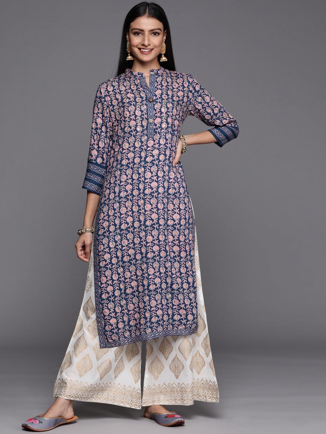 Blue Printed Rayon Straight Kurta