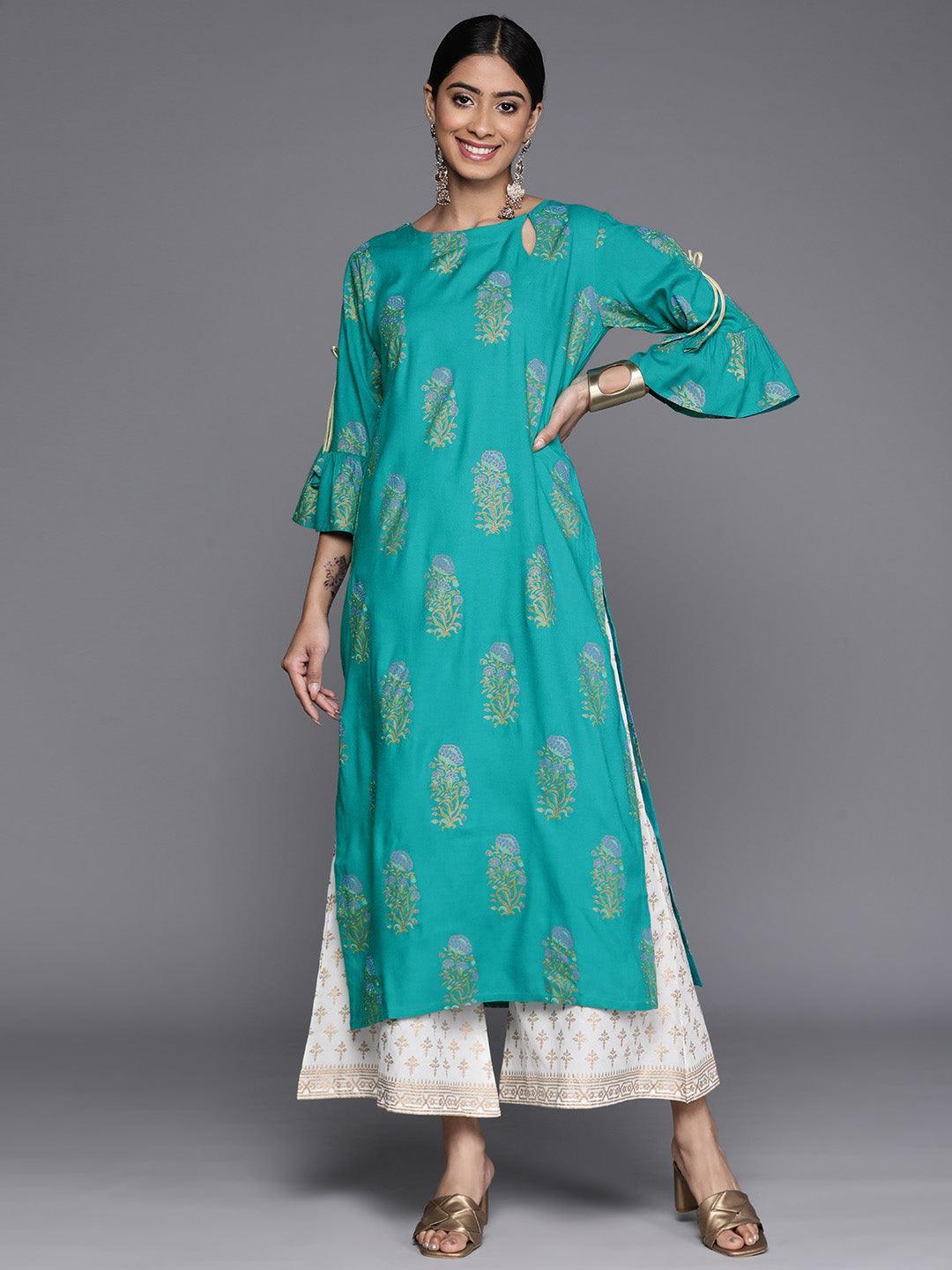 Blue Printed Rayon Straight Kurta