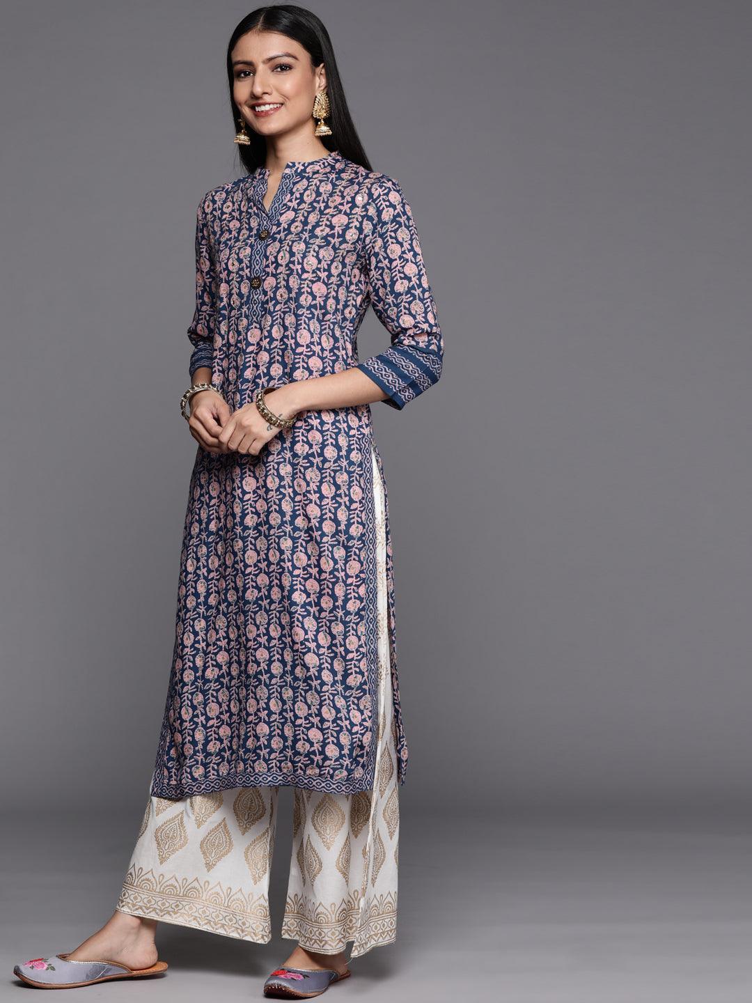 Blue Printed Rayon Straight Kurta