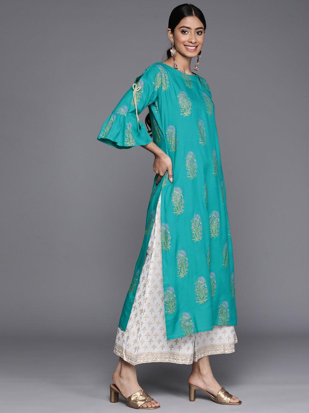 Blue Printed Rayon Straight Kurta