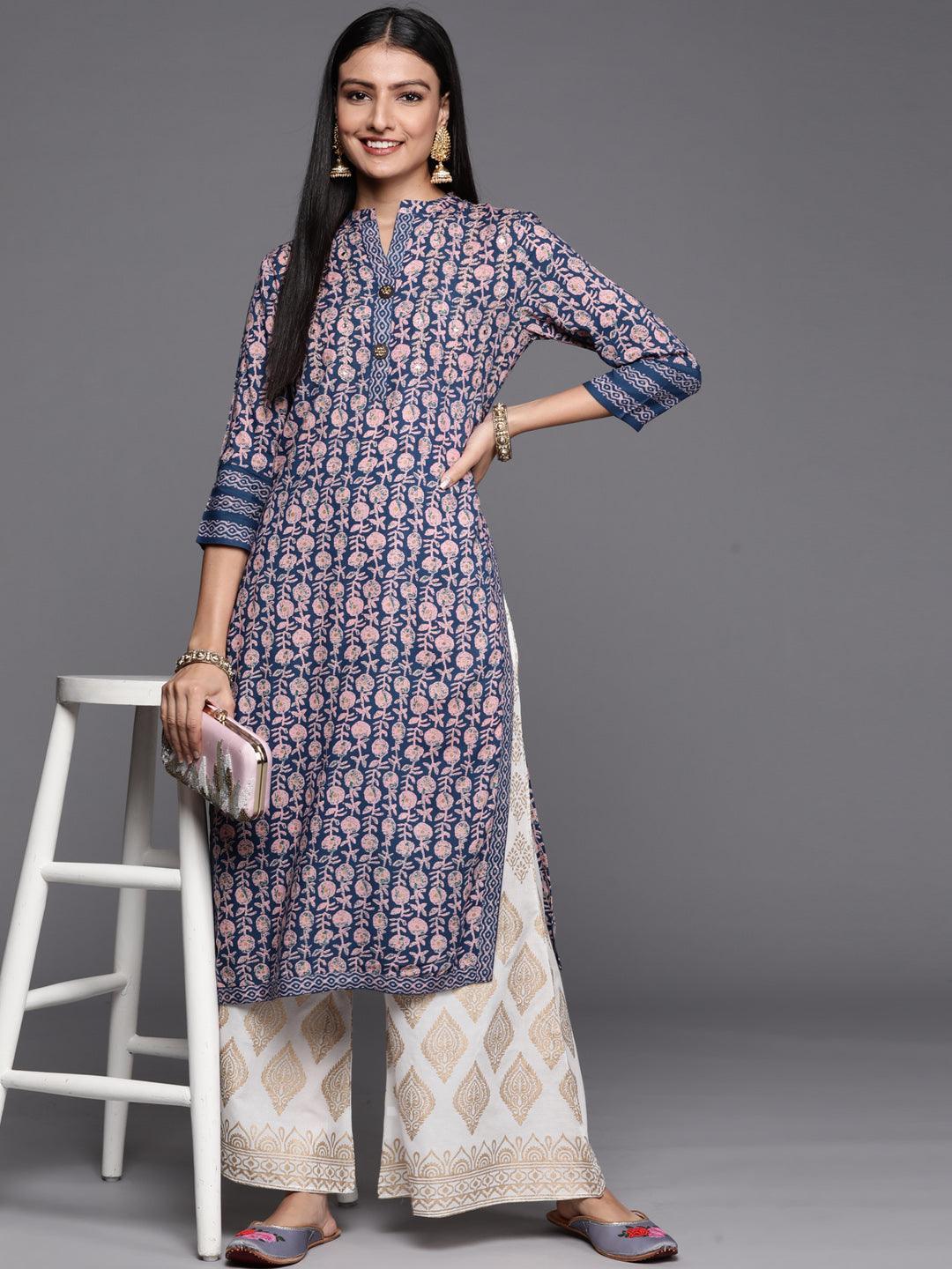 Blue Printed Rayon Straight Kurta