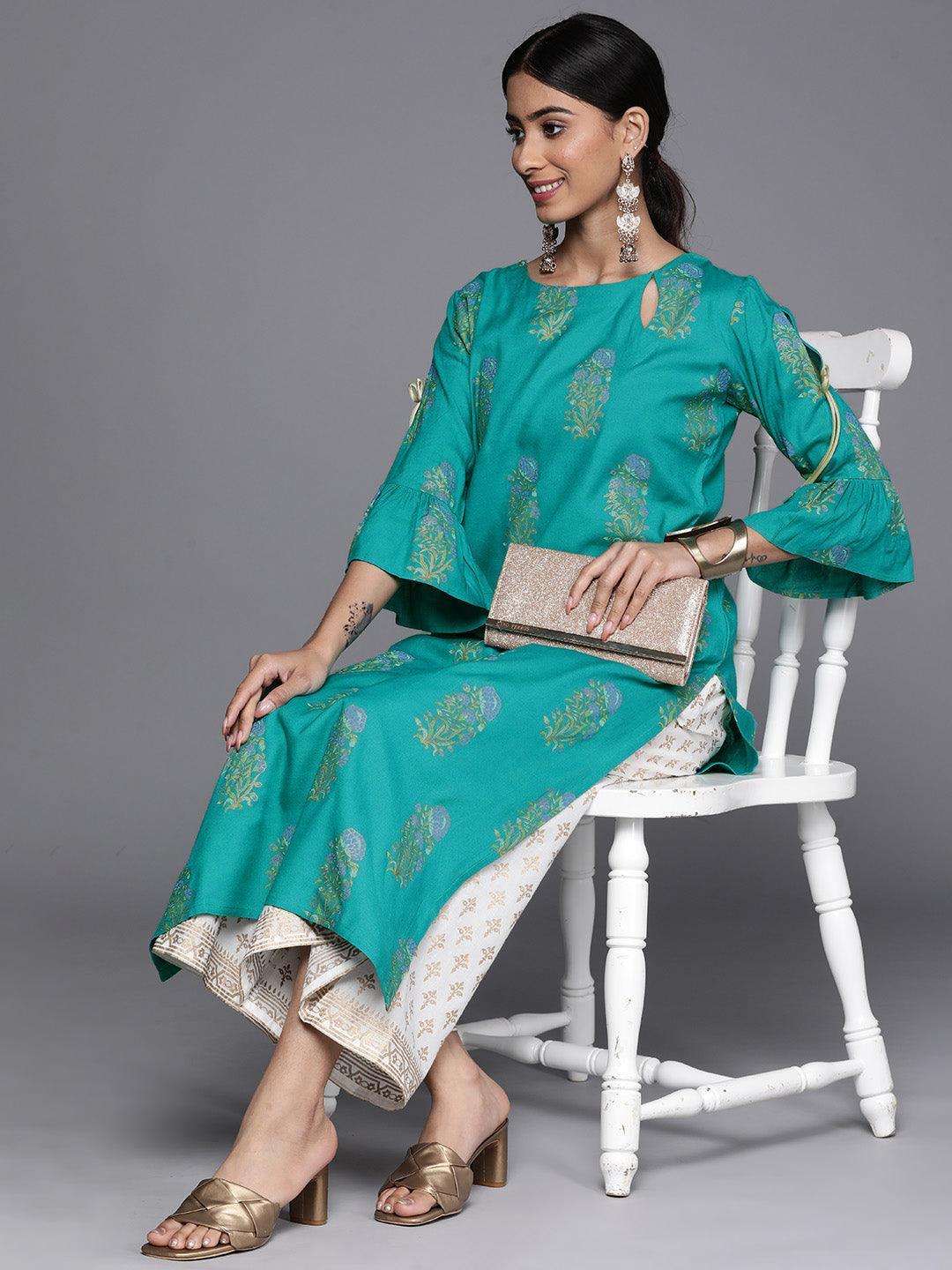 Blue Printed Rayon Straight Kurta