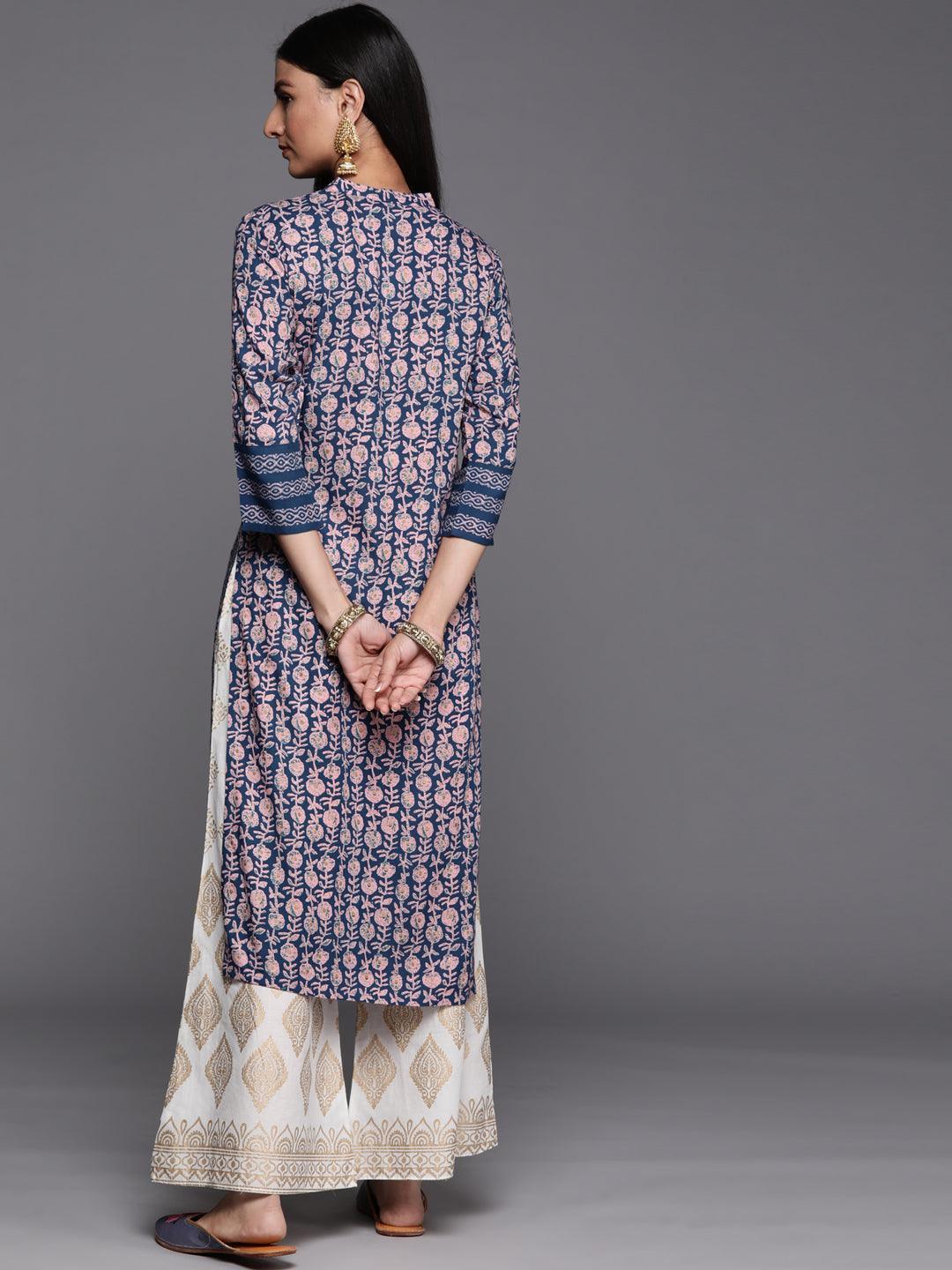 Blue Printed Rayon Straight Kurta