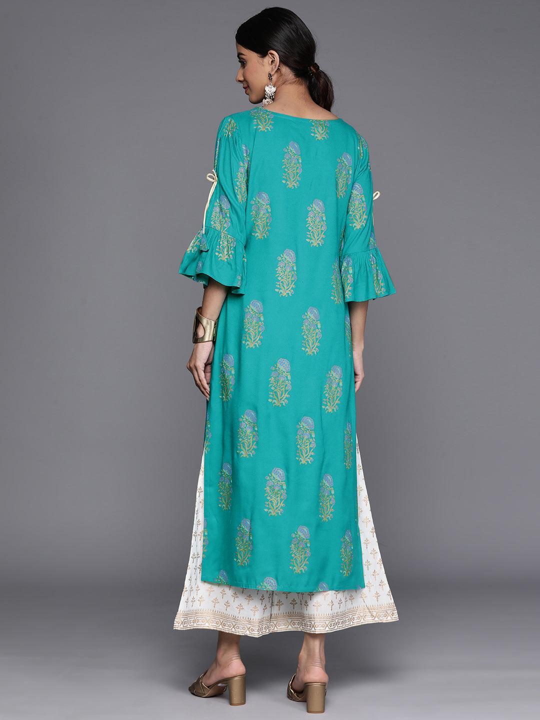 Blue Printed Rayon Straight Kurta