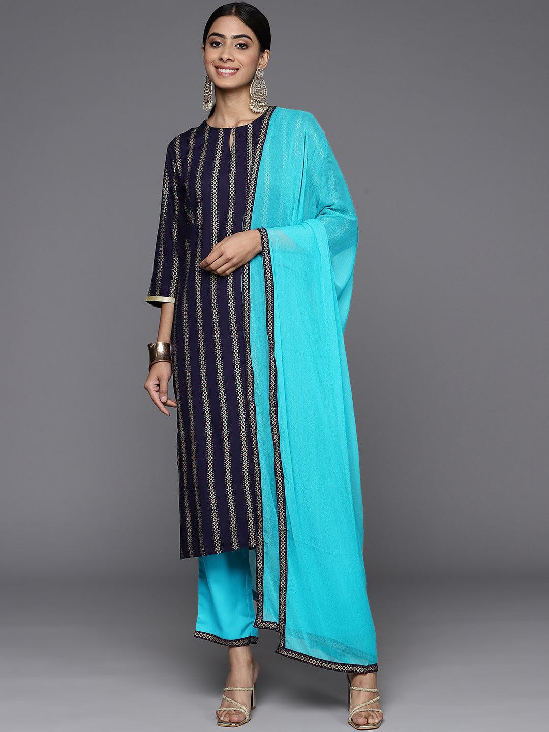 Blue Printed Rayon Straight Kurta With Trousers & Dupatta