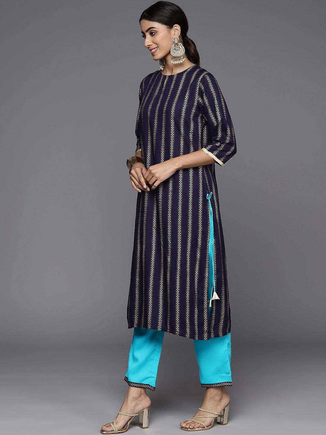 Blue Printed Rayon Straight Kurta With Trousers & Dupatta