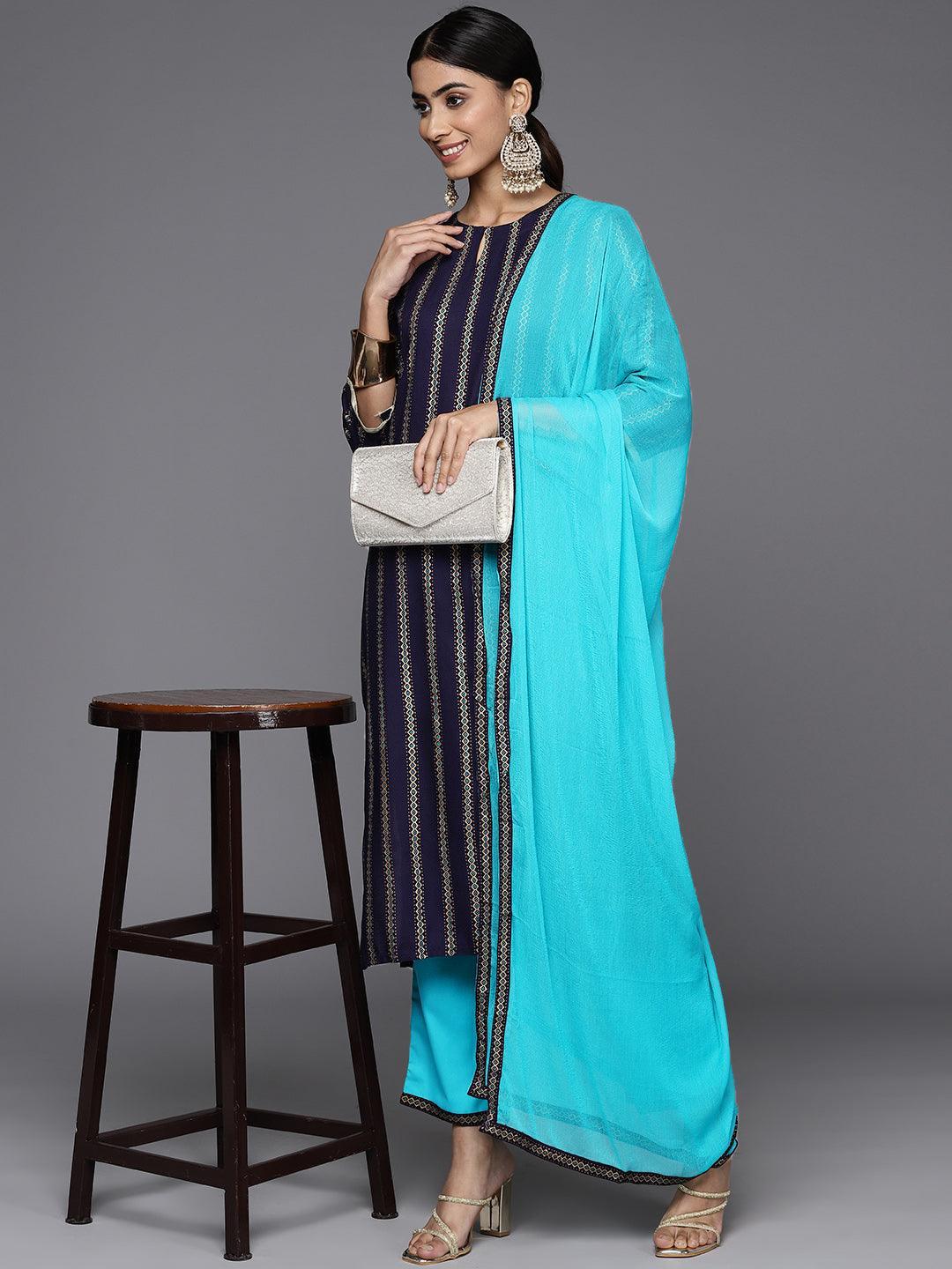 Blue Printed Rayon Straight Kurta With Trousers & Dupatta