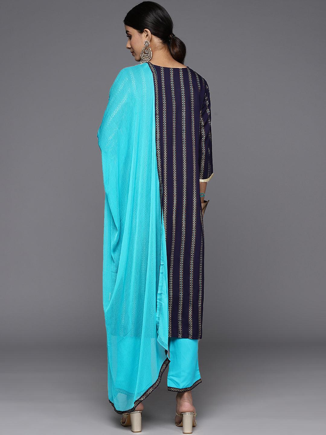 Blue Printed Rayon Straight Kurta With Trousers & Dupatta