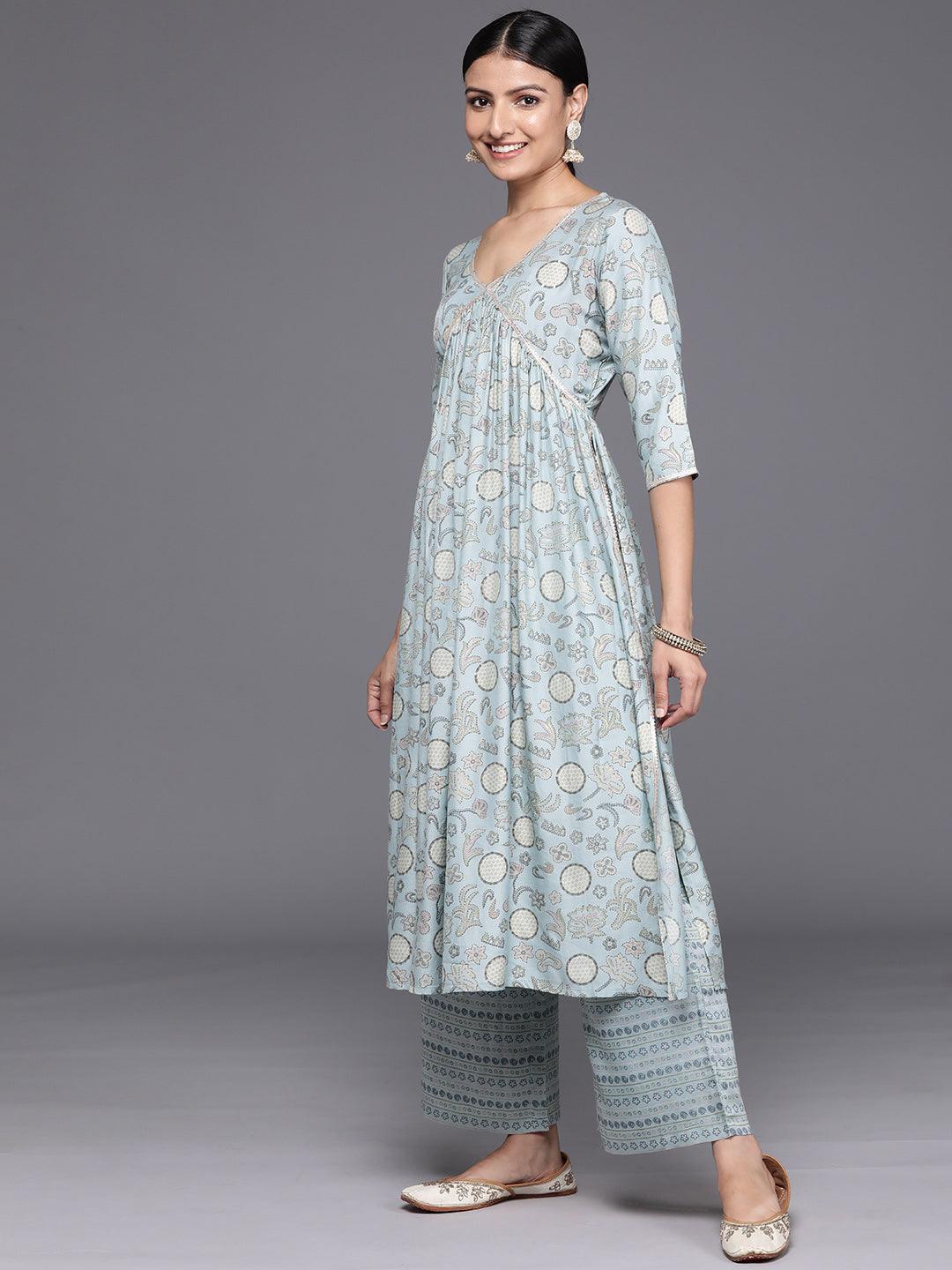 Blue Printed Silk Blend A-Line Kurta With Trousers & Dupatta