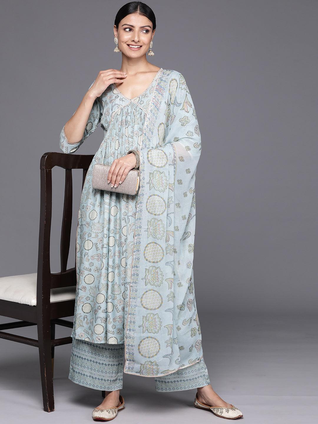 Blue Printed Silk Blend A-Line Kurta With Trousers & Dupatta