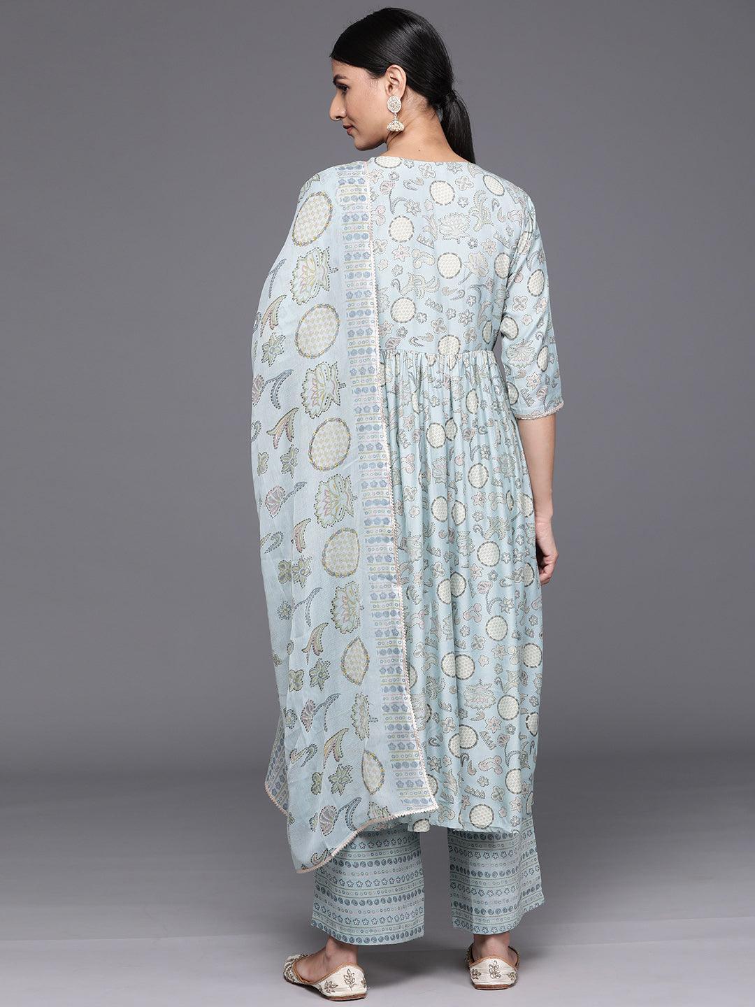 Blue Printed Silk Blend A-Line Kurta With Trousers & Dupatta