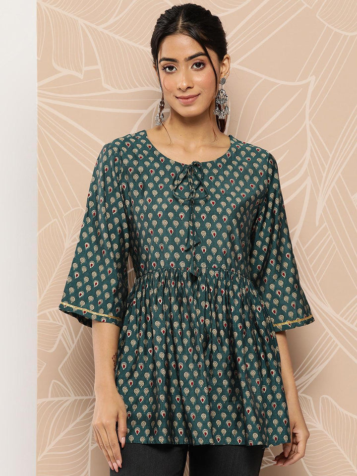 Blue Printed Silk Blend A-Line Kurti - Libas