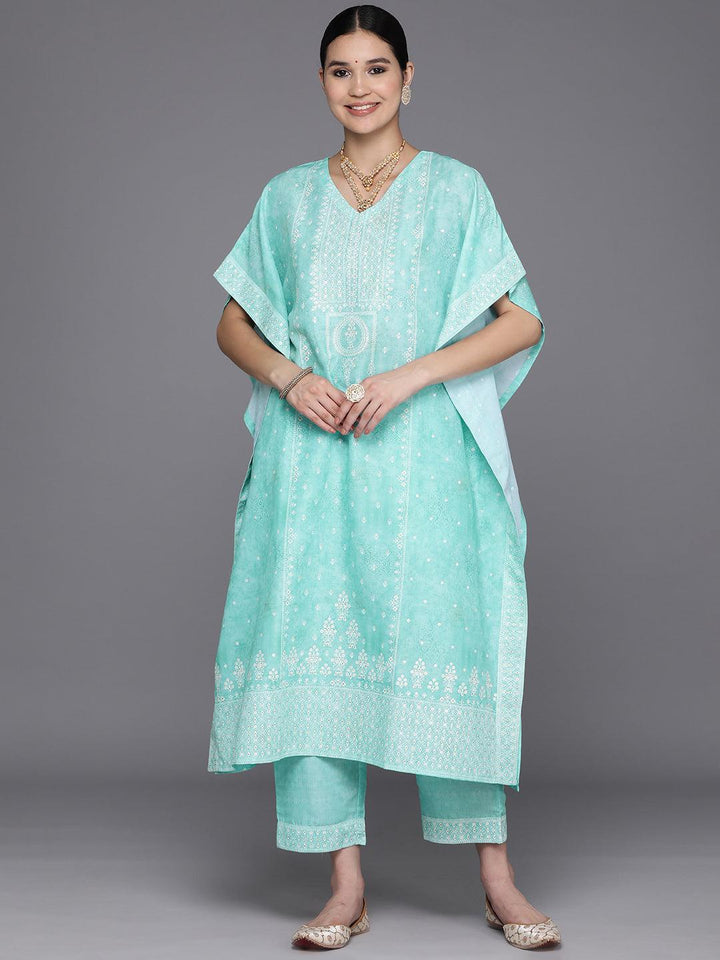 Blue Printed Silk Blend Kaftan Kurta Set With Trousers - Libas