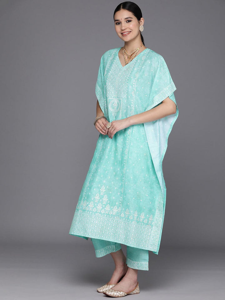 Blue Printed Silk Blend Kaftan Kurta Set With Trousers - Libas