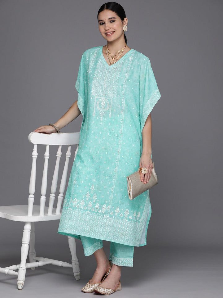 Blue Printed Silk Blend Kaftan Kurta Set With Trousers - Libas