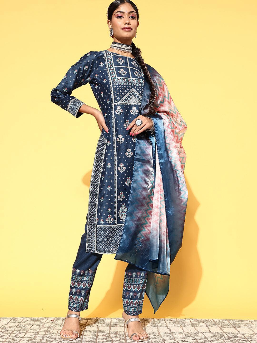 Blue Printed Silk Blend Straight Suit Set