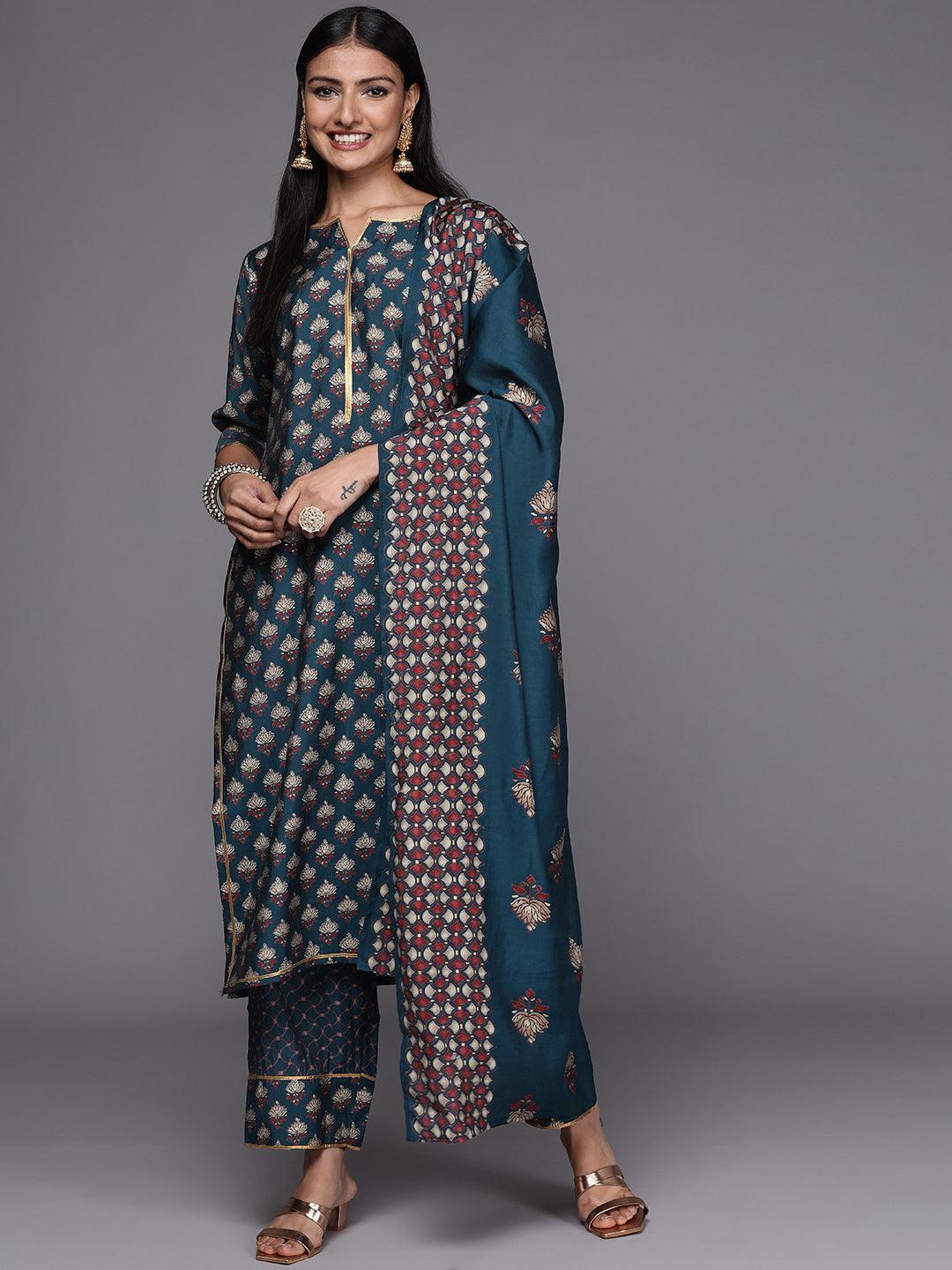 Blue Printed Silk Blend Straight Suit Set