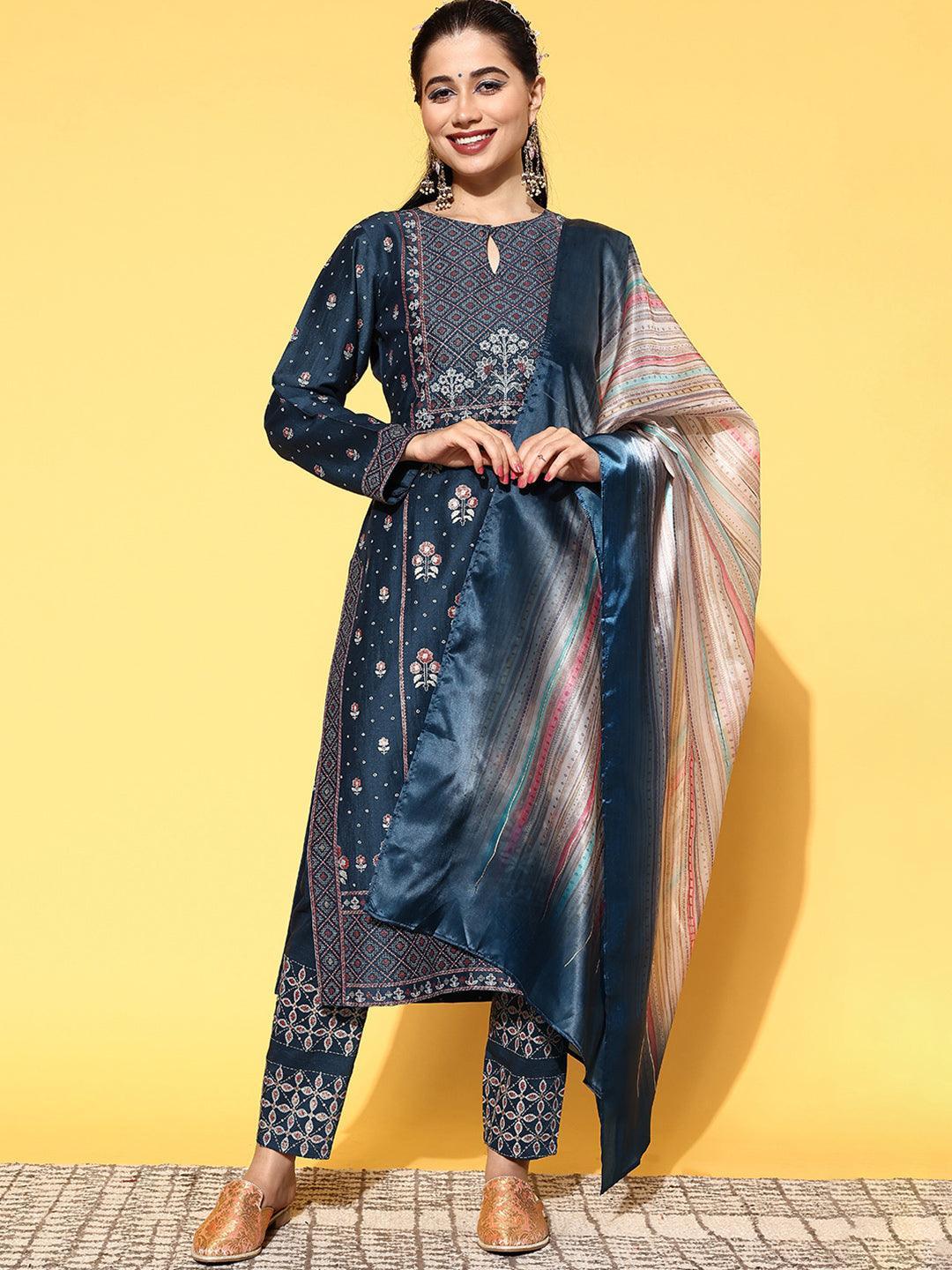 Blue Printed Silk Blend Straight Suit Set