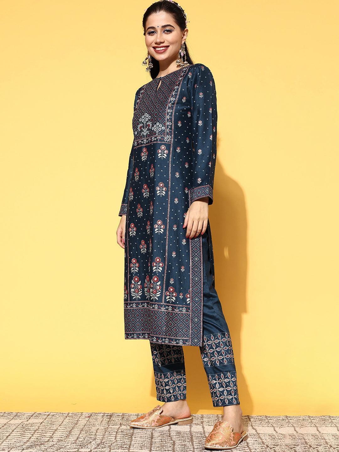 Blue Printed Silk Blend Straight Suit Set