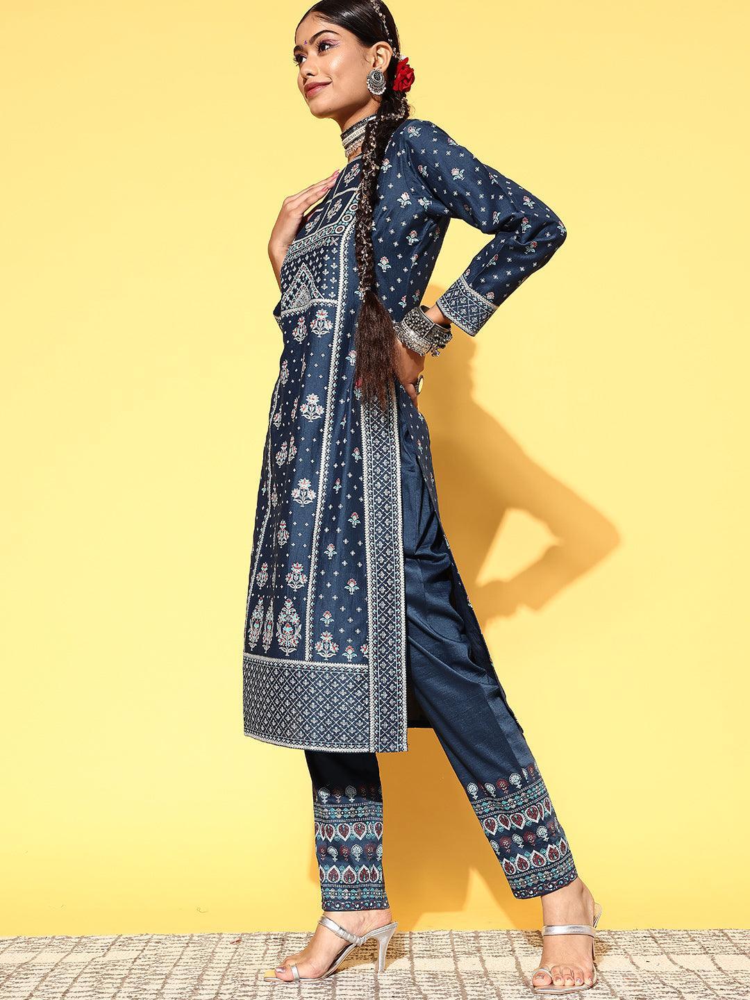 Blue Printed Silk Blend Straight Suit Set