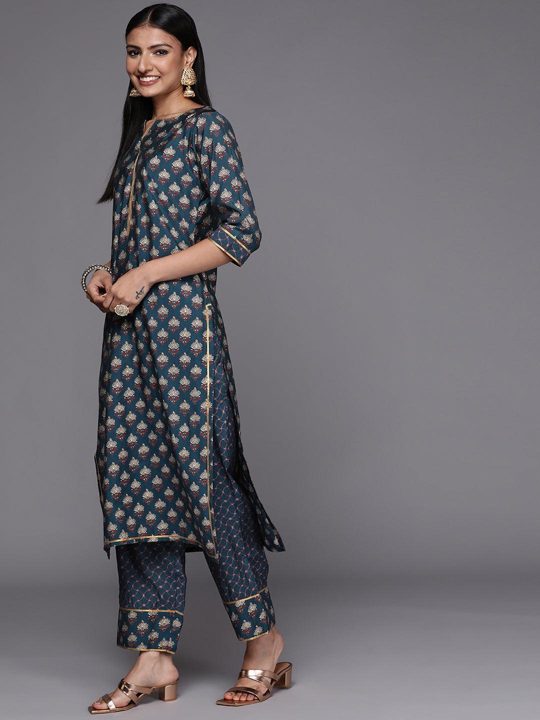 Blue Printed Silk Blend Straight Suit Set