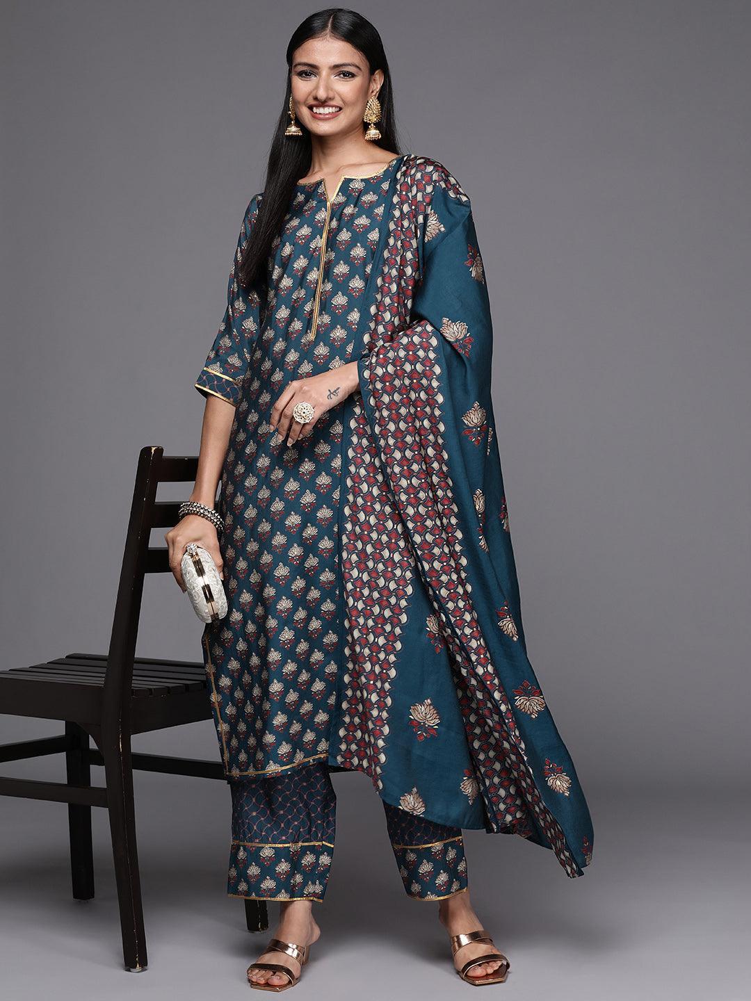 Blue Printed Silk Blend Straight Suit Set