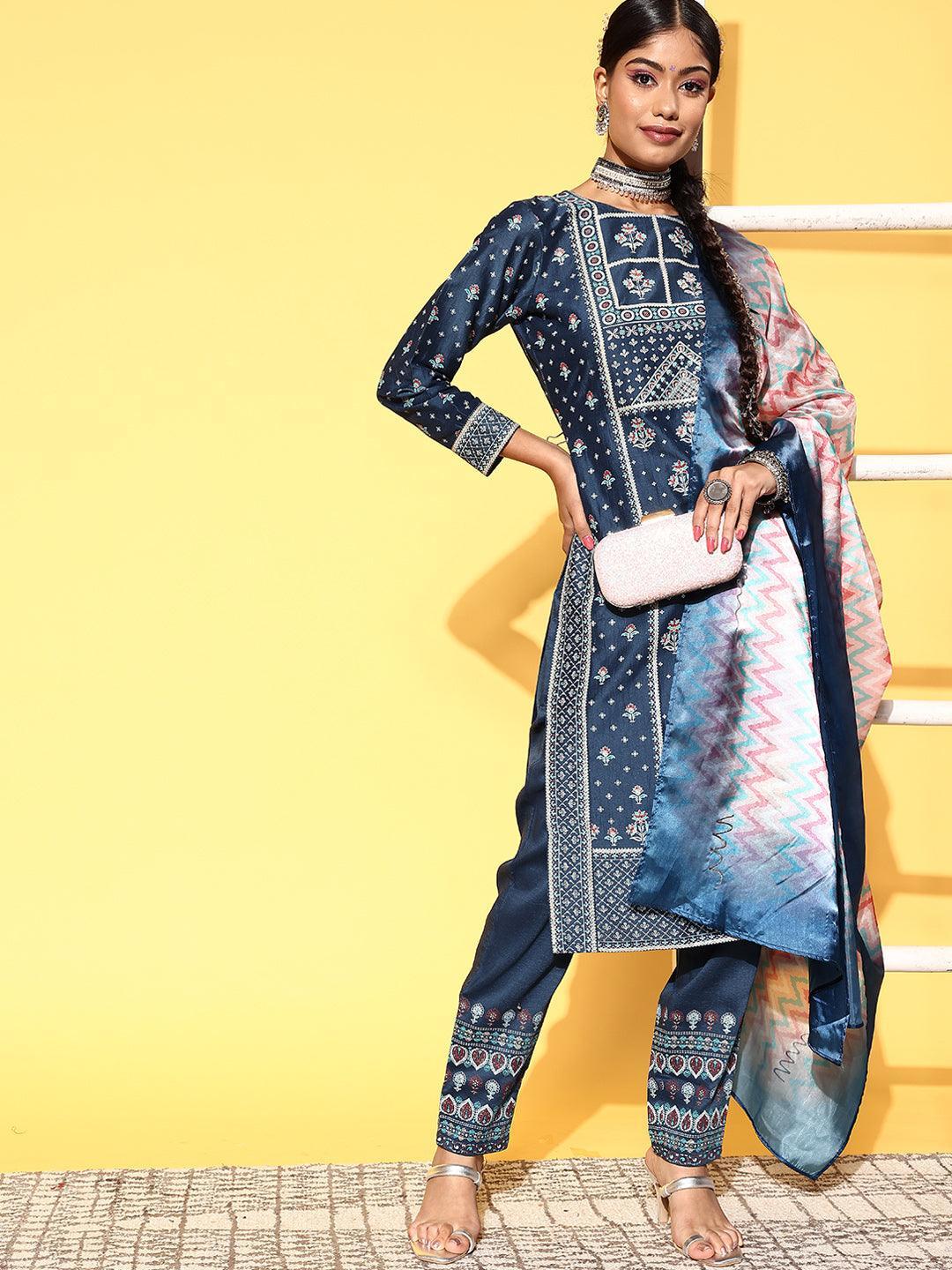 Blue Printed Silk Blend Straight Suit Set