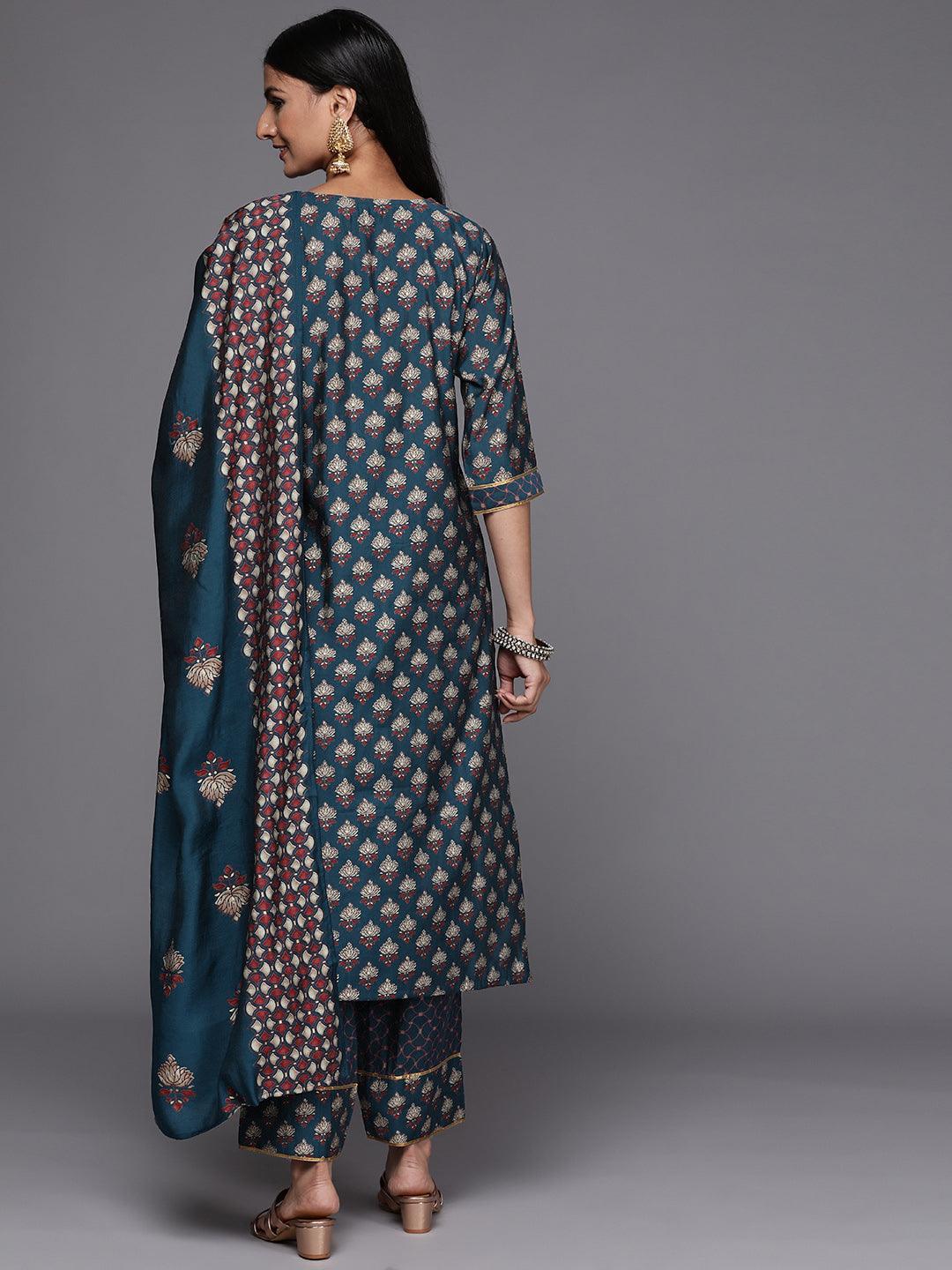 Blue Printed Silk Blend Straight Suit Set