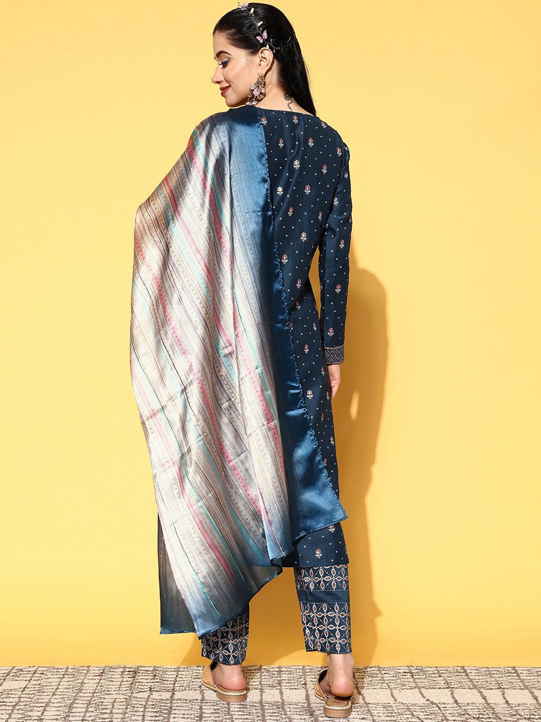 Blue Printed Silk Blend Straight Suit Set