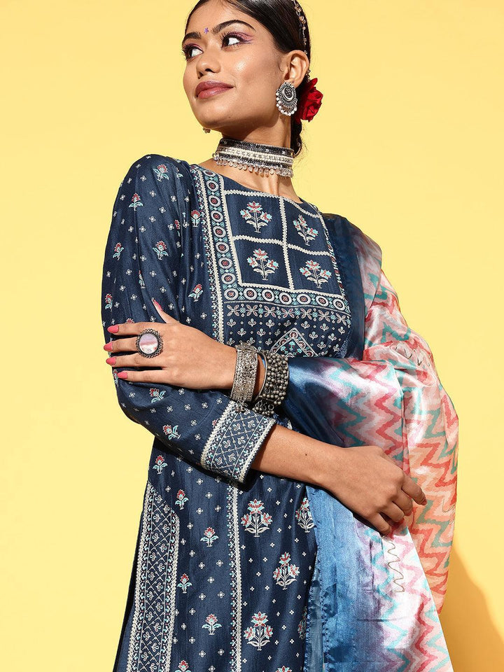 Blue Printed Silk Blend Straight Suit Set - ShopLibas