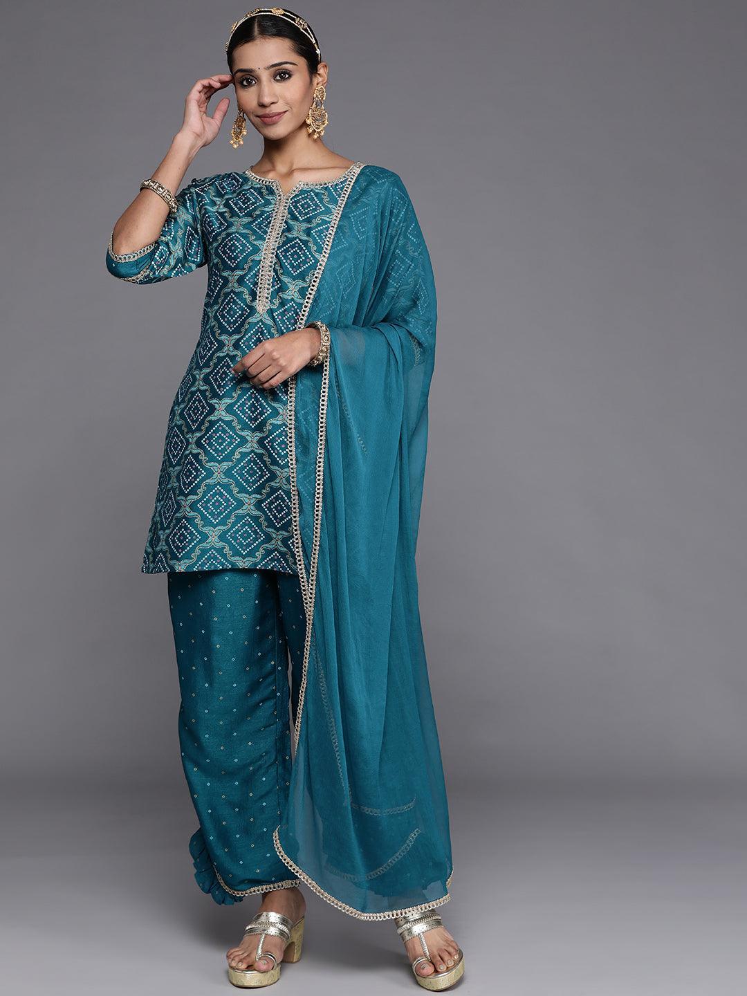 Blue Printed Silk Blend Straight Kurta With Palazzos & Dupatta