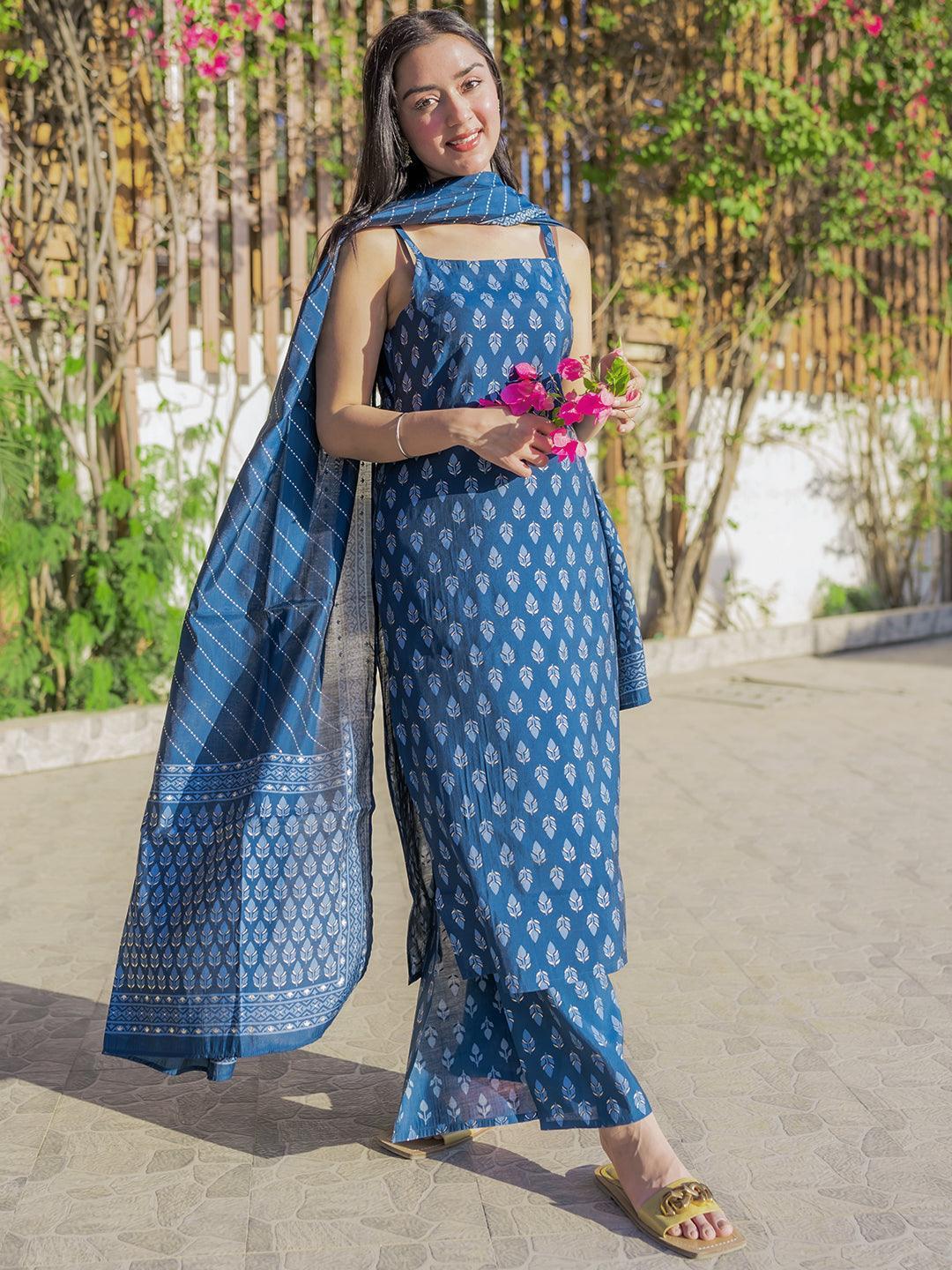 Blue Printed Silk Blend Straight Suit Set With Palazzos