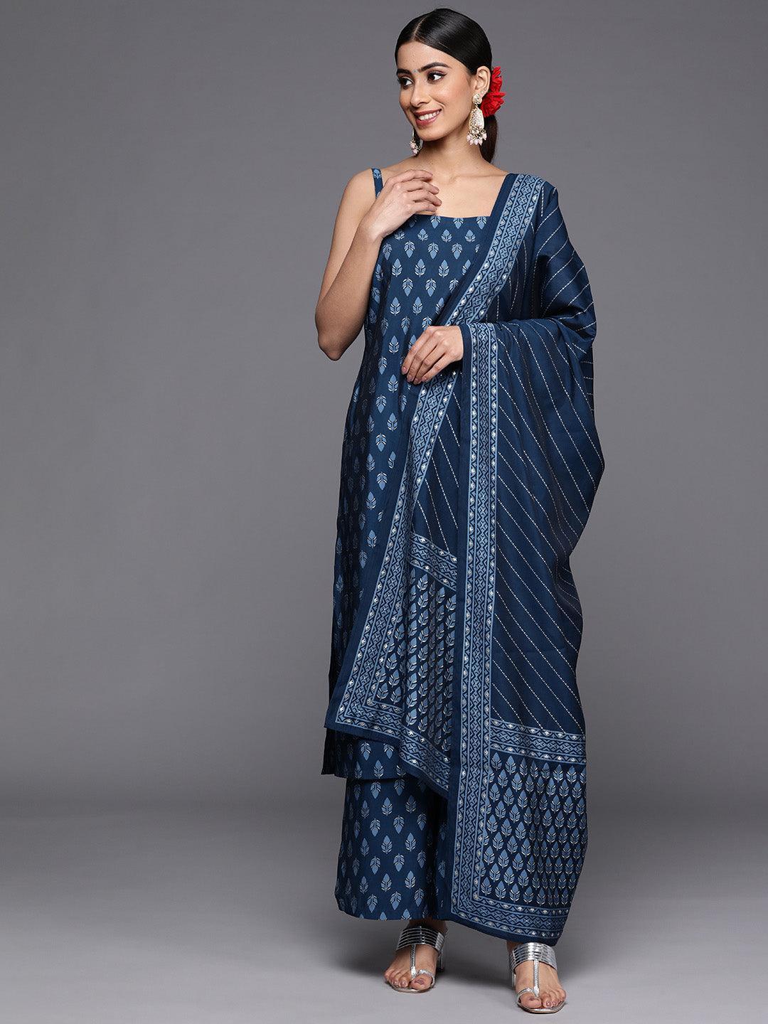 Blue Printed Silk Blend Straight Suit Set With Palazzos - ShopLibas