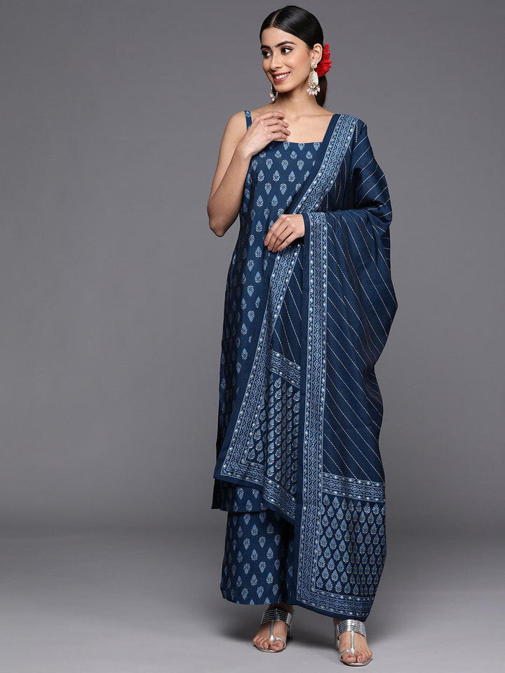 Blue Printed Silk Blend Straight Suit Set With Palazzos - ShopLibas