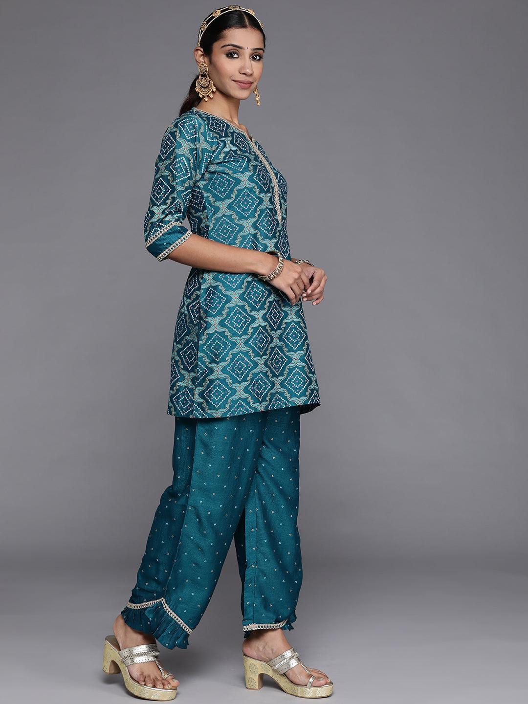 Blue Printed Silk Blend Straight Kurta With Palazzos & Dupatta