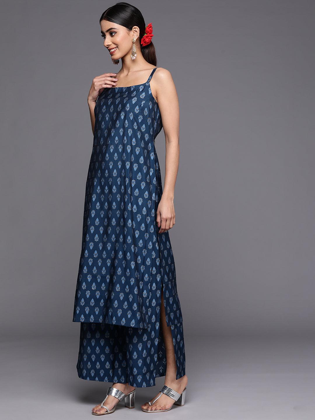 Blue Printed Silk Blend Straight Suit Set With Palazzos