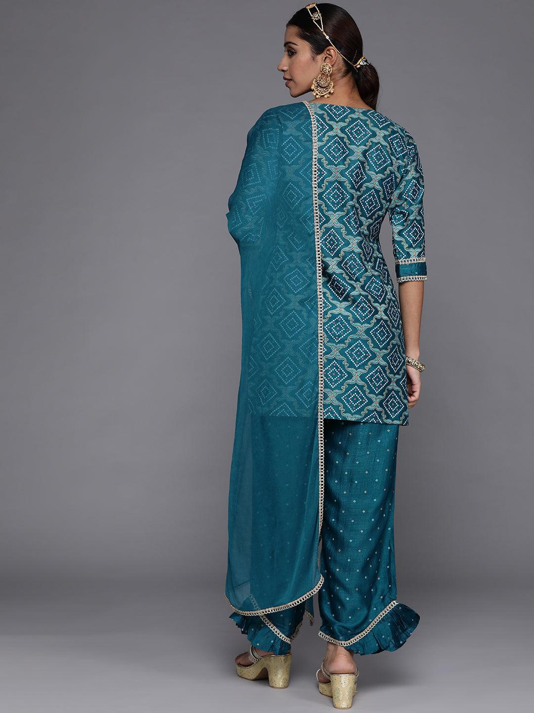 Blue Printed Silk Blend Straight Kurta With Palazzos & Dupatta