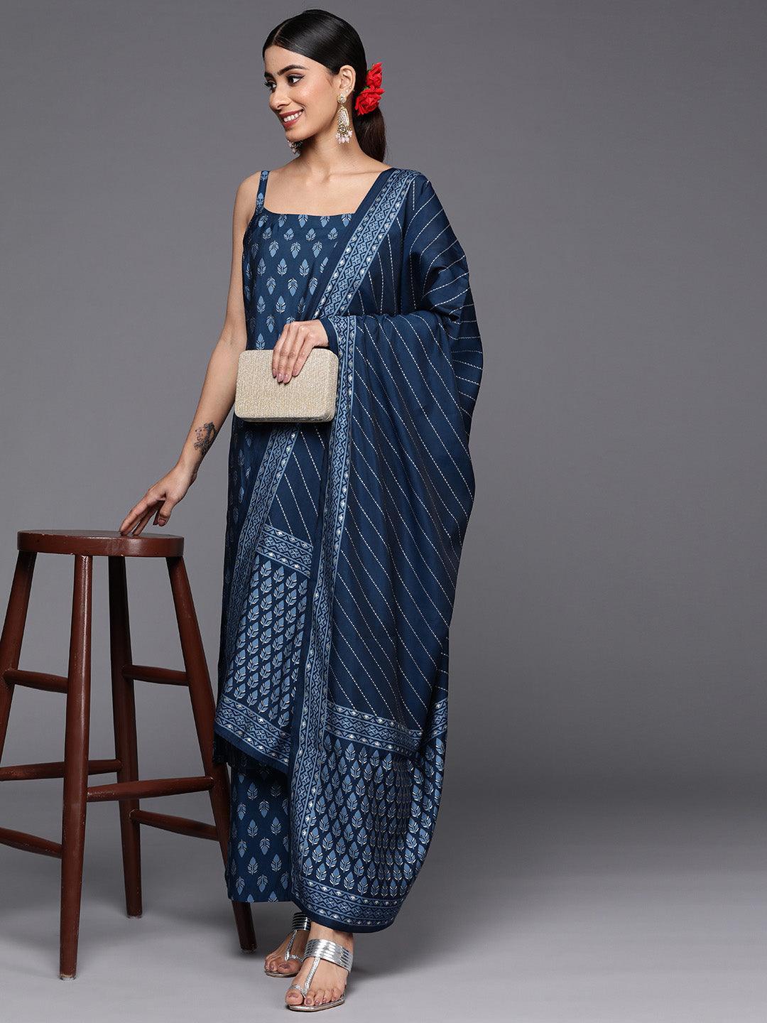 Blue Printed Silk Blend Straight Suit Set With Palazzos