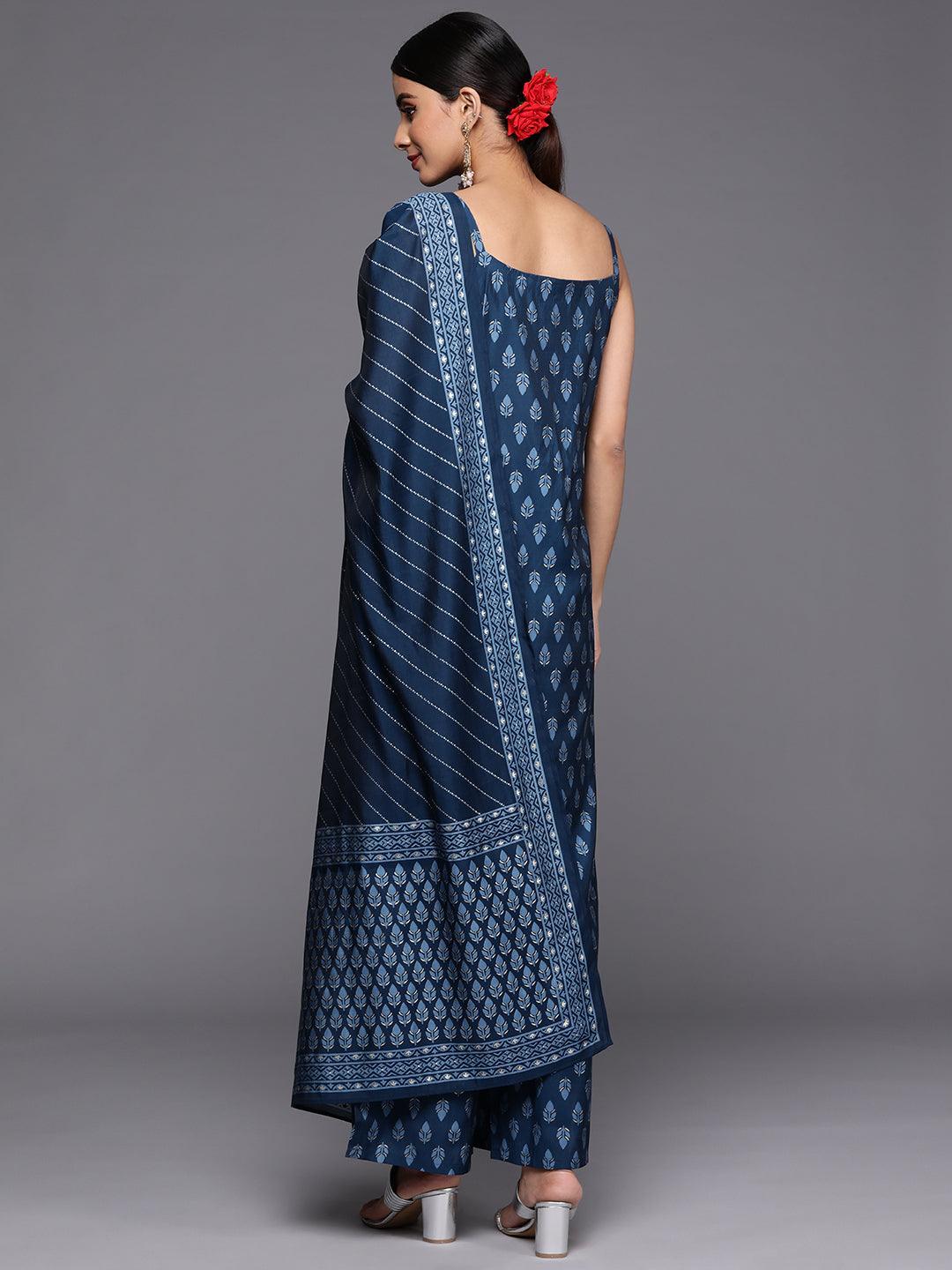 Blue Printed Silk Blend Straight Suit Set With Palazzos