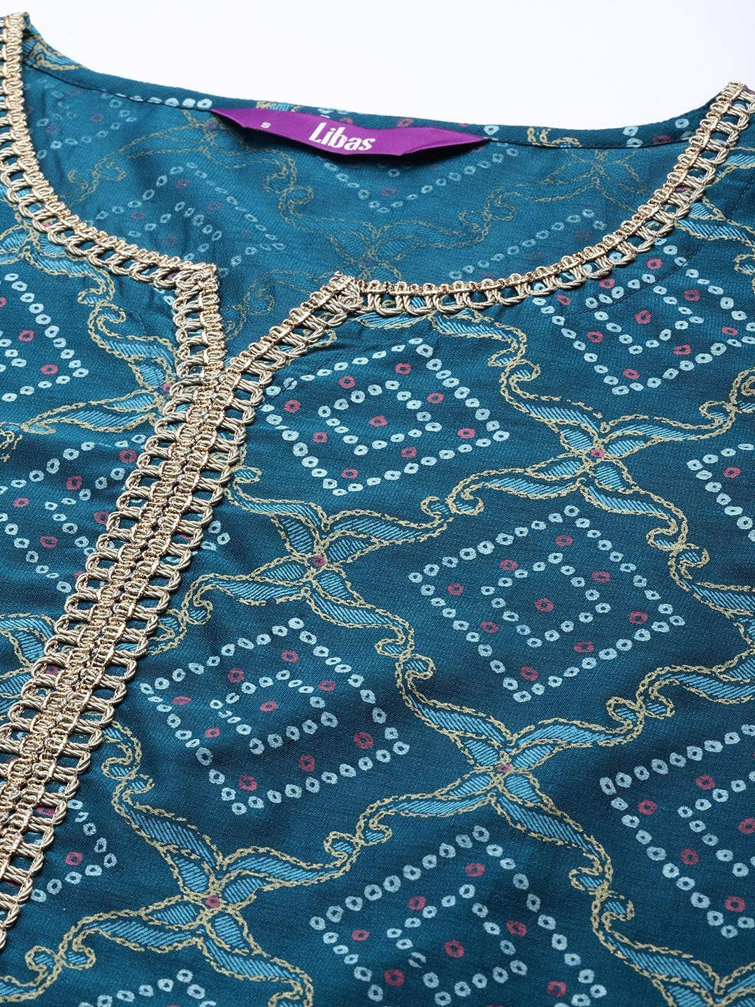 Blue Printed Silk Blend Straight Kurta With Palazzos & Dupatta