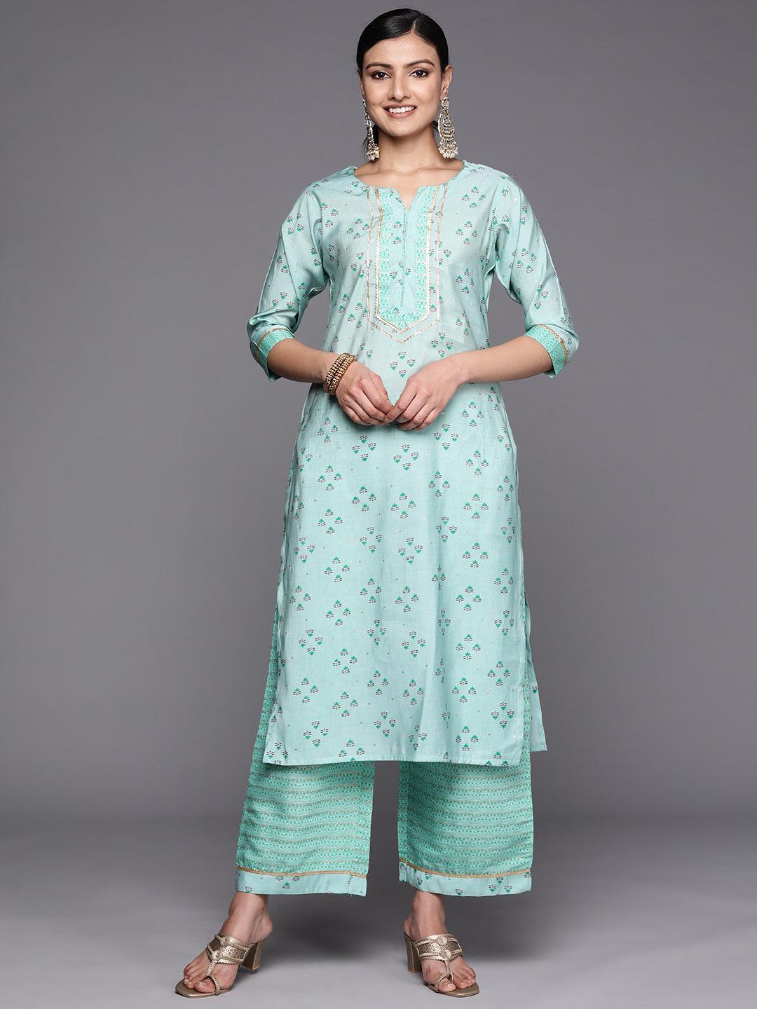 Blue Printed Silk Blend Straight Kurta Set With Palazzos