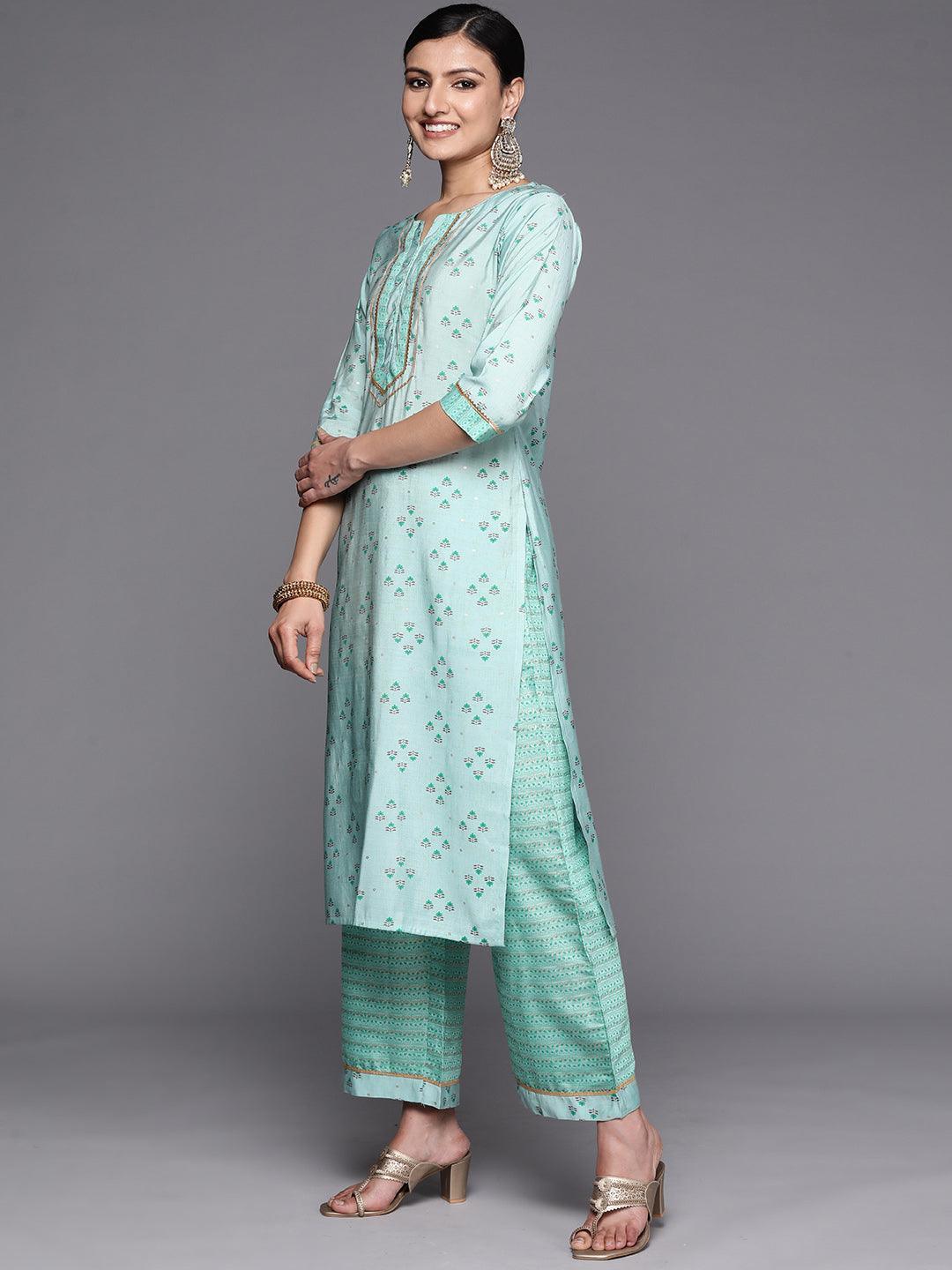 Blue Printed Silk Blend Straight Kurta Set With Palazzos